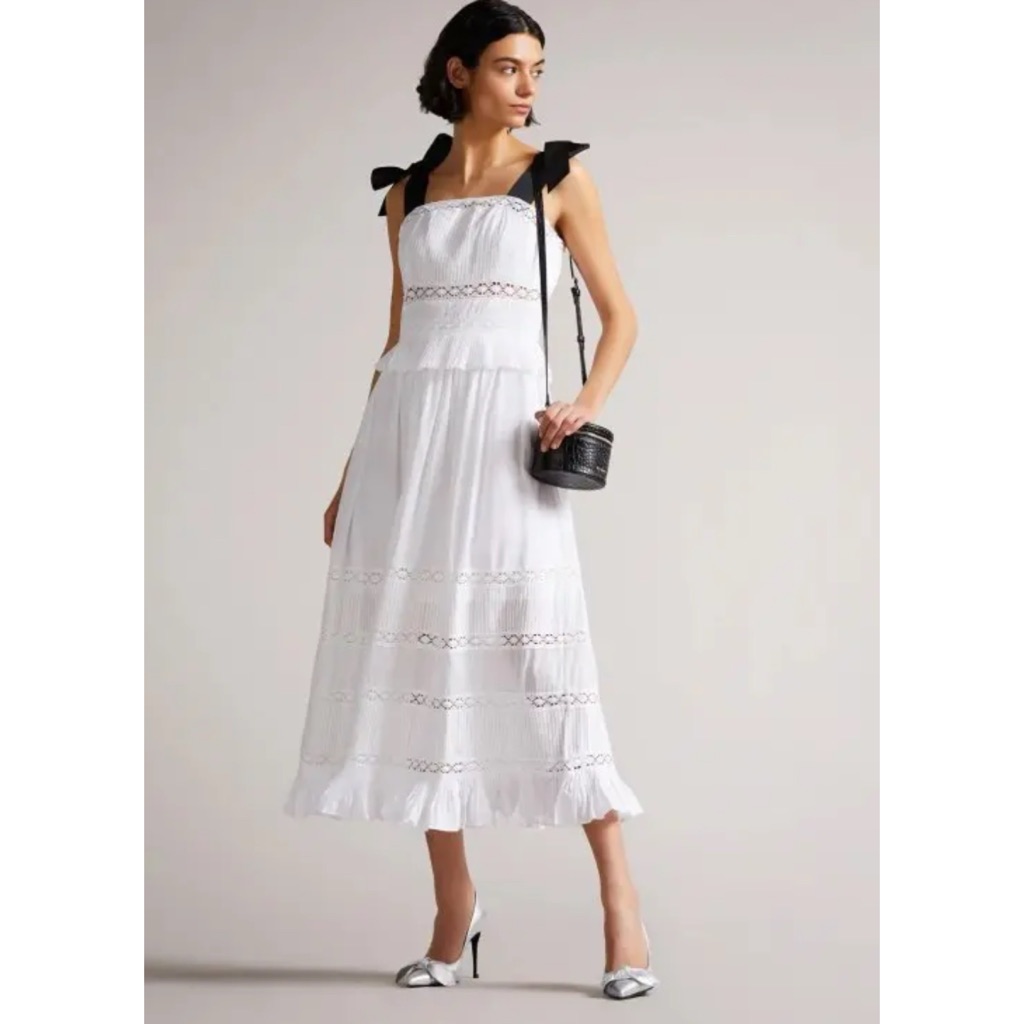 Ted Baker Promis Midi Dress With Grosgrain Straps White Size Small